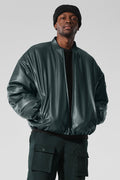 Faux Leather Premier Bomber - Charcoal Green